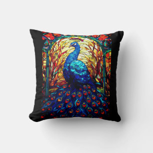 Beautiful Peacock Stained Glass Wildlife Art Throw Pillow
