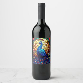 Beautiful Peacock Stained Glass Wildlife Art Wine Label by azlaird at Zazzle