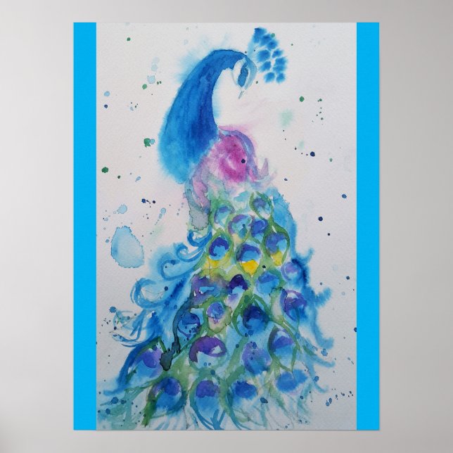 Beautiful Peacock Watercolour Painting Art Poster (Front)