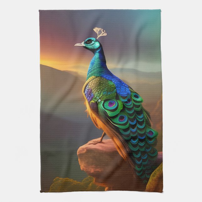 Beautiful Peacock Welcomes the Day  Kitchen Towel (Vertical)