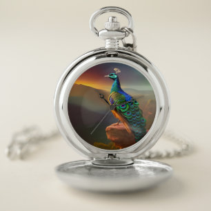 Beautiful Peacock welcomes the Day Pocket Watch