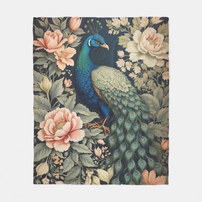 Beautiful Peacock William Morris Inspired Floral Fleece Blanket (Front)