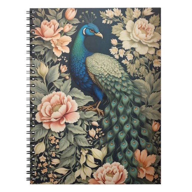 Beautiful Peacock William Morris Inspired Floral Notebook (Front)