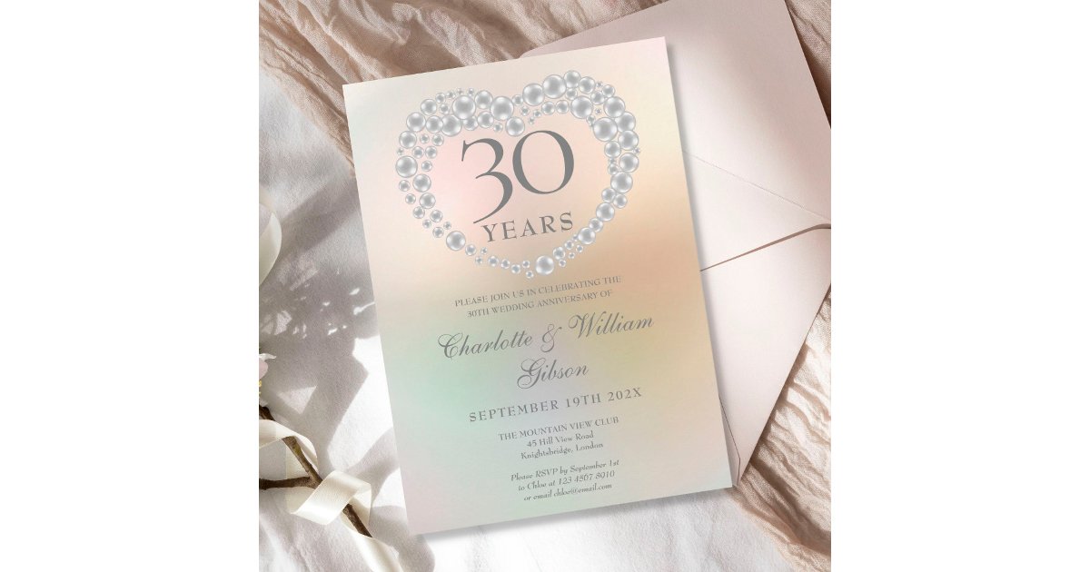 Beautiful Pearl Heart 30th Wedding Anniversary Invitation | Zazzle