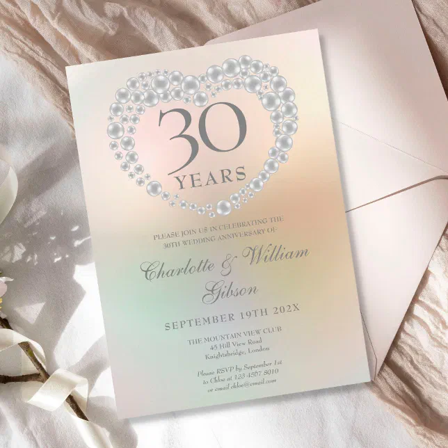 Beautiful Pearl Heart 30th Wedding Anniversary Invitation | Zazzle