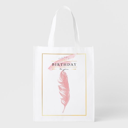 Beautiful Pencil Drawing Pink Feather Birthday Grocery Bag