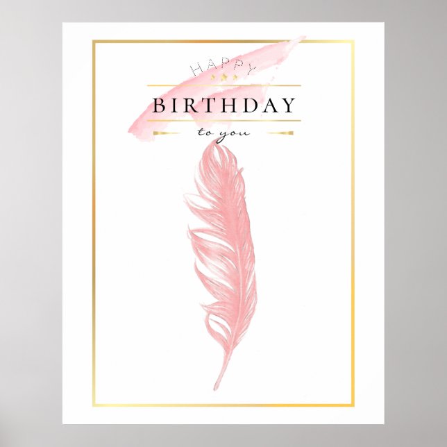 Beautiful Pencil Drawing Pink Feather Birthday Poster (Front)