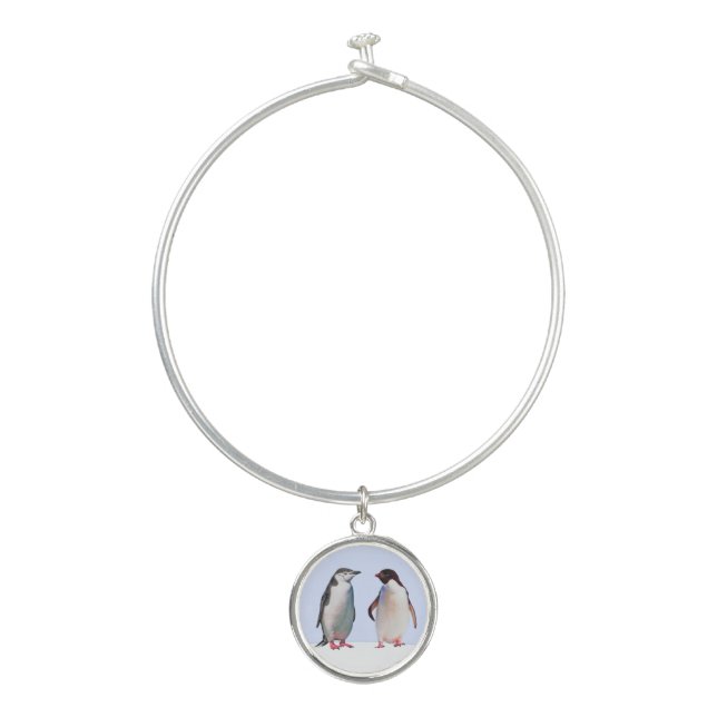 Beautiful Penguin Bird Couple on Light Blue Bangle Bracelet (Front)