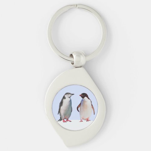 Beautiful Penguin Bird Couple on Light Blue Keychain