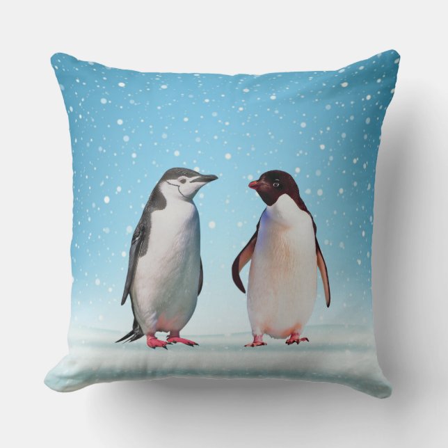 Beautiful Penguin Couple on Light Blue Throw Pillow (Front)