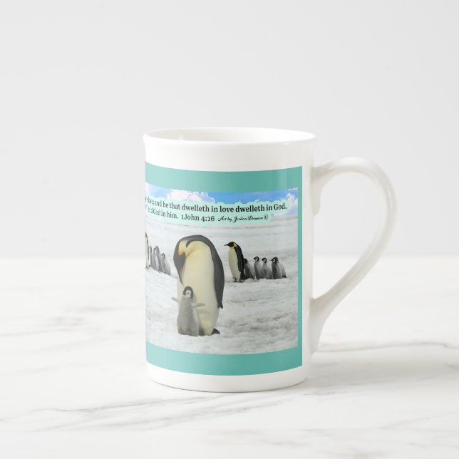 Beautiful Penguin Scripture 1 John 4:16 Bone China Mug (Right)