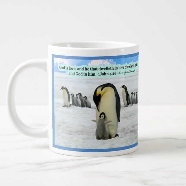 Beautiful Penguin Scripture 1 John 4:16 Giant Coff Giant Coffee Mug (Left)