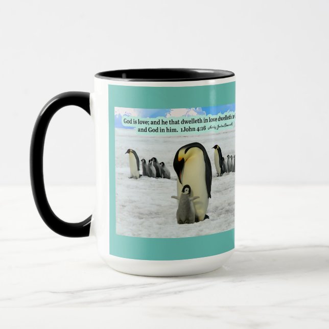 Beautiful Penguin Scripture 1 John 4:16 Mug (Left)