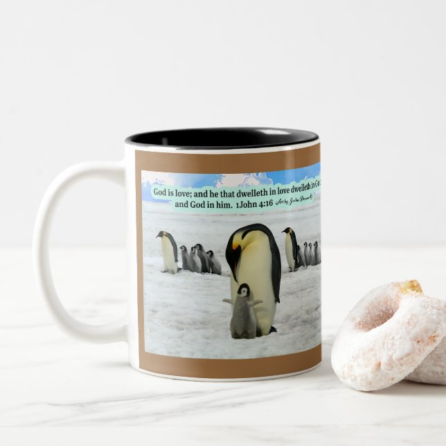 Beautiful Penguin Scripture 1 John 4:16 Two-Tone Coffee Mug (With Donut)