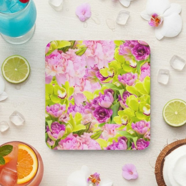 Beautiful Peonies And Orchids Beverage Coaster (Creator Uploaded)