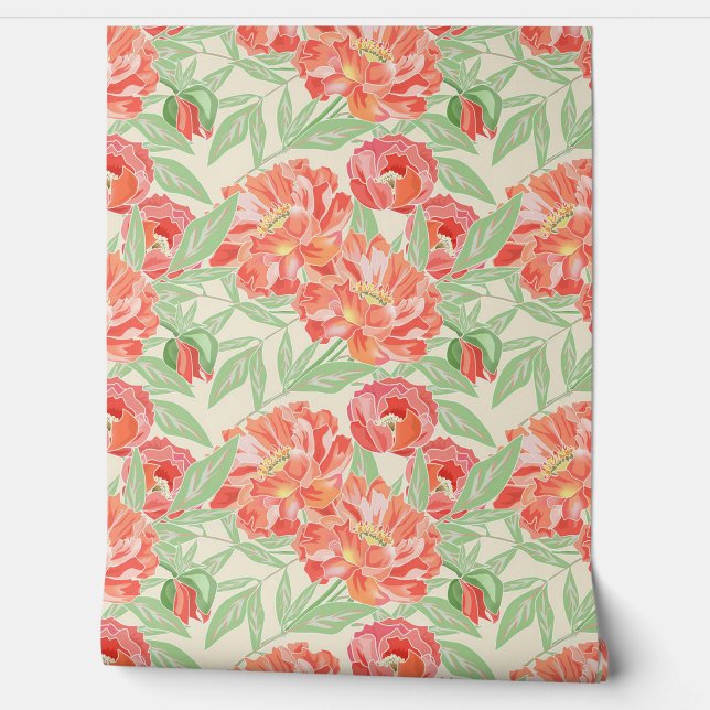 Beautiful Peonies Bold Colors and Greenery Wallpaper (Unrolling)