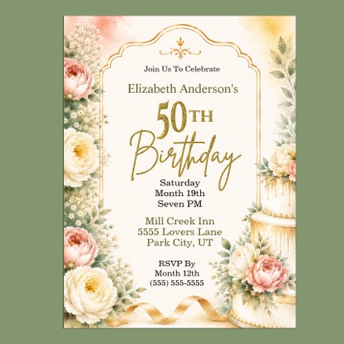 Beautiful Peony 50th Birthday Party Invitation