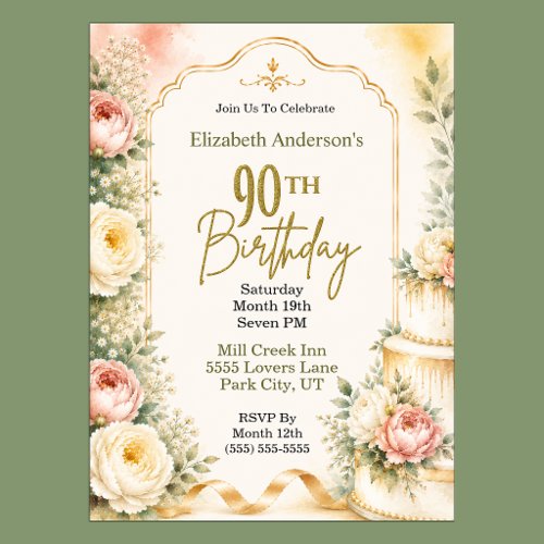 Beautiful Peony 90th Birthday Party Invitation