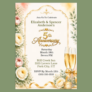 Beautiful Peony Champagne 5th Anniversary Party Invitation