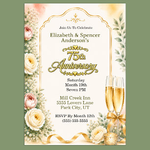 Beautiful Peony Champagne 75th Anniversary Party Invitation