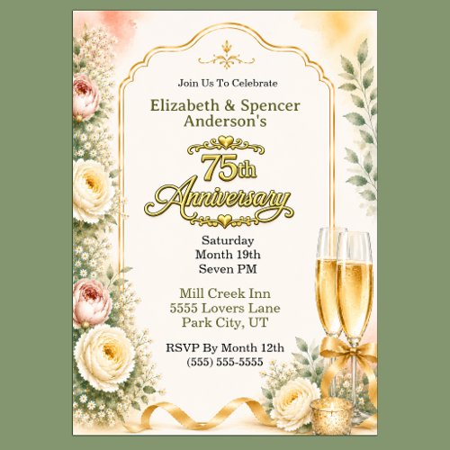 Beautiful Peony Champagne 75th Anniversary Party Invitation