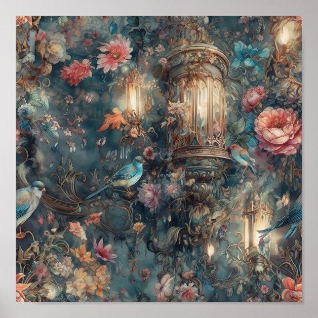 Beautiful Period Rococo Garden Birds And Flowers Poster (Front)