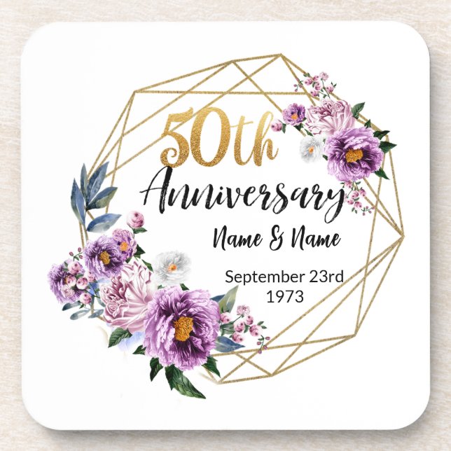 Beautiful Personalized 50th Anniversary Beverage Coaster (Front)