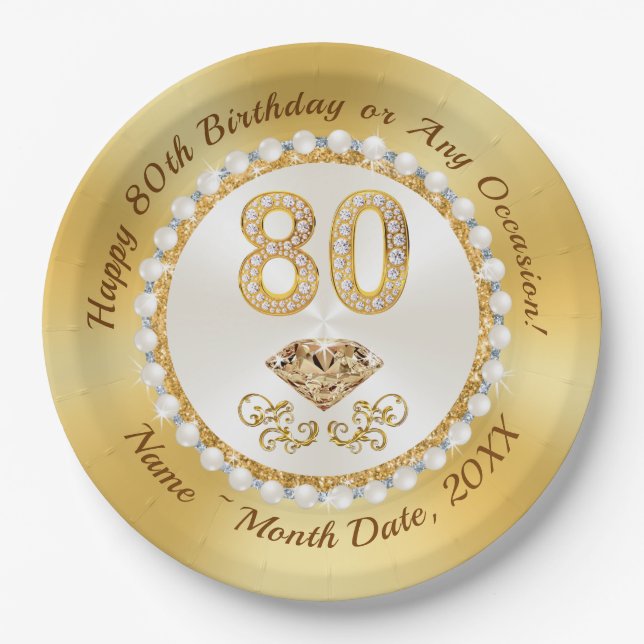 Beautiful Personalized, 80th Birthday Party Plates (Front)