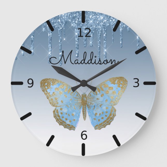 Beautiful Personalized Blue Butterfly Large Clock (Front)
