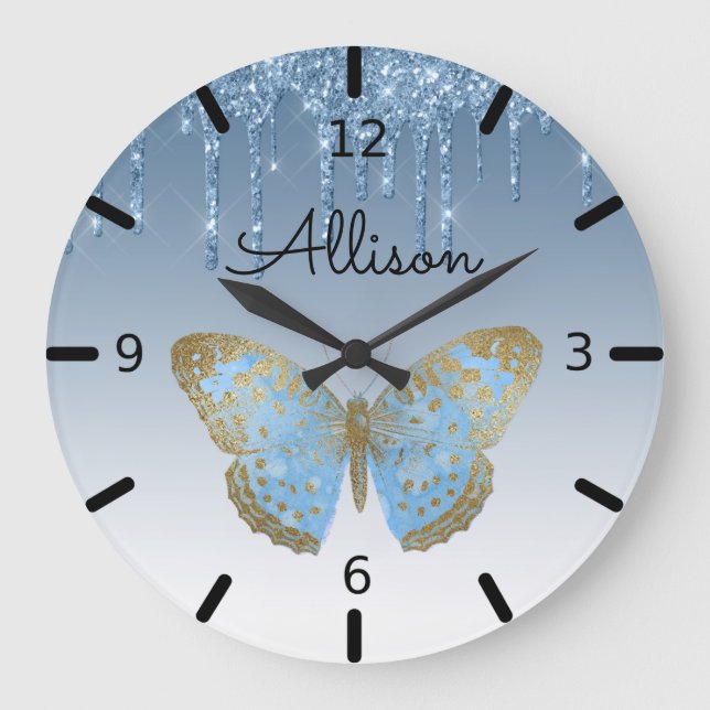 Beautiful Personalized Blue Butterfly Large Clock (Front)