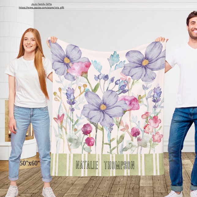 Beautiful personalized cute botanical purple green fleece blanket (Creator Uploaded)