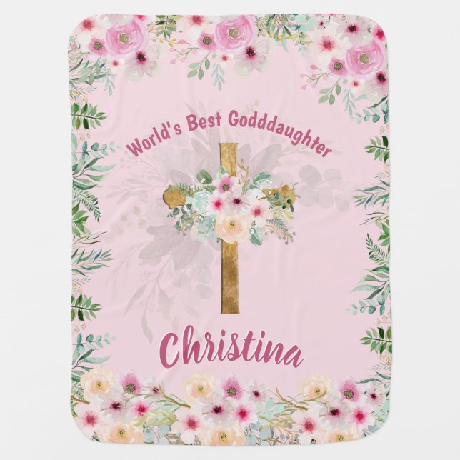 Beautiful Personalized GODDAUGHTER Pink Floral Baby Blanket (Front)