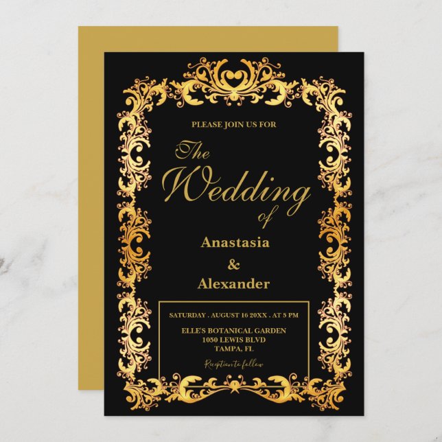 Beautiful Personalized  Gold Frame Wedding Invitation (Front/Back)