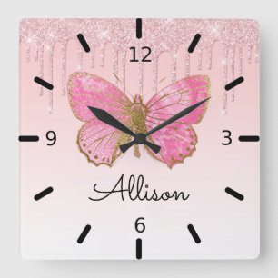 Beautiful Personalized Pink Butterfly Square Wall Clock