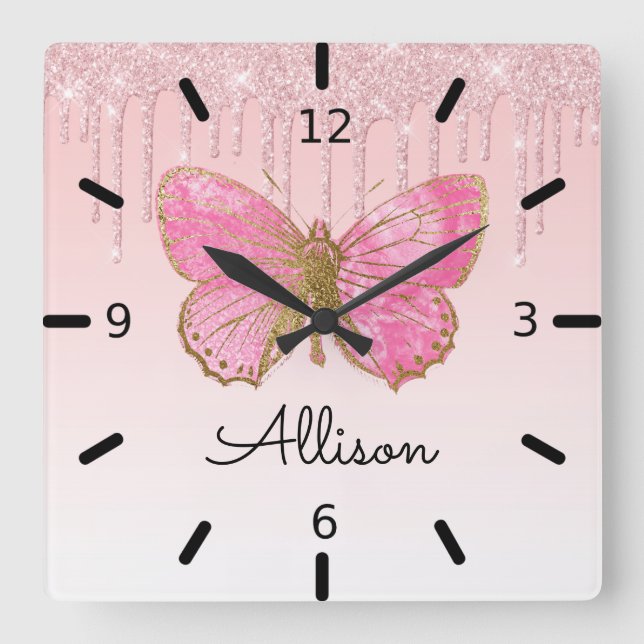 Beautiful Personalized Pink Butterfly Square Wall Clock (Front)