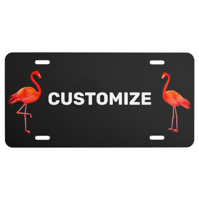 Beautiful Personalized Pink Flamingos on Black License Plate (Front)