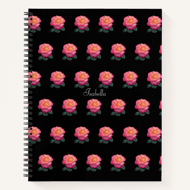 Beautiful Personalized Pink Rose Pattern on Black Notebook (Front)
