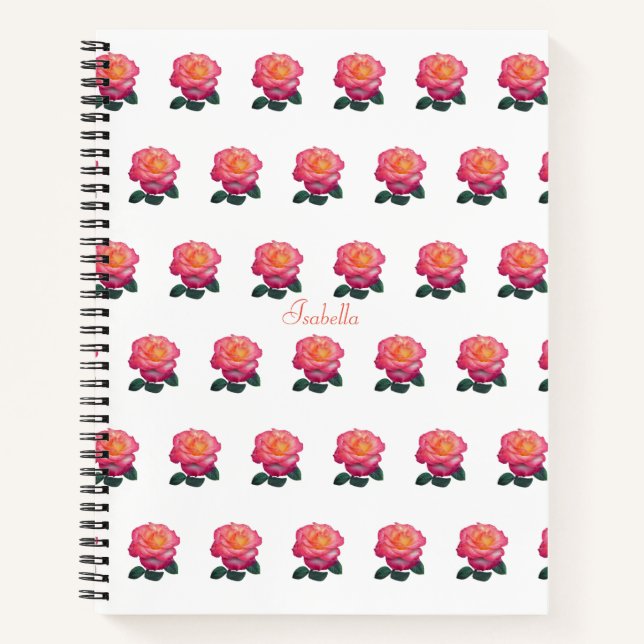 Beautiful Personalized Pink Rose Pattern on White Notebook (Front)