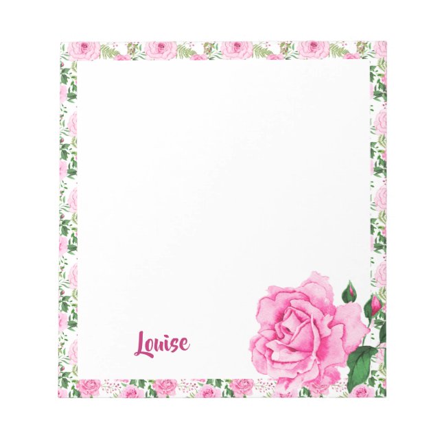 Beautiful Personalized  Pink Watercolor Roses Notepad (Front)