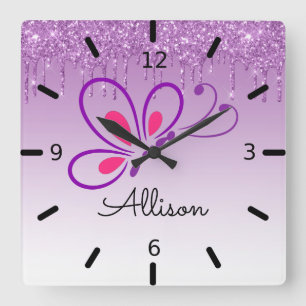 Beautiful Personalized Purple Butterfly Square Wall Clock