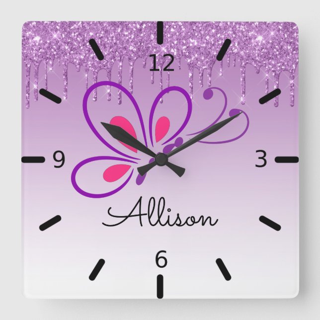 Beautiful Personalized Purple Butterfly Square Wall Clock (Front)