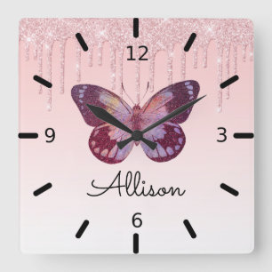 Beautiful Personalized Purple Butterfly Square Wall Clock