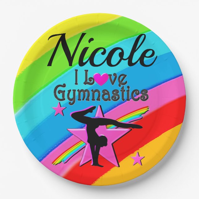 BEAUTIFUL PERSONLIZED I LOVE GYMNASTICS DESIGN PAPER PLATES (Front)