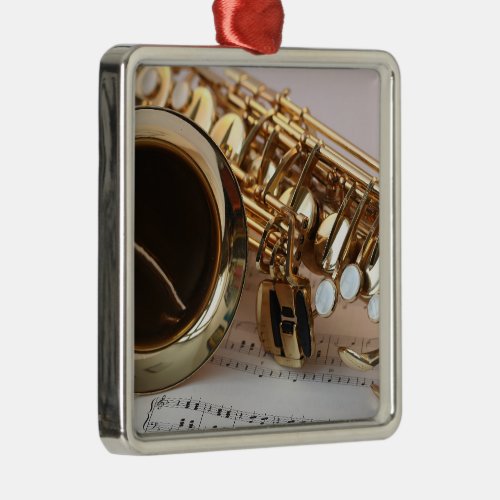 Beautiful Photo Gold Saxophone on Sheet Music Metal Ornament