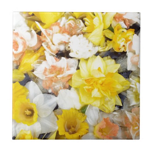 Beautiful photo spring daffodils floating on water tile