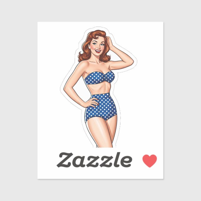 Beautiful Pin-up red haired woman in blue swimsuit Sticker (Sheet)