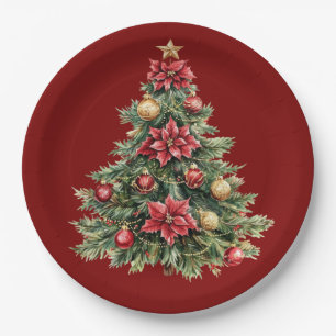 Beautiful Pine Tree Red Christmas  Paper Plates