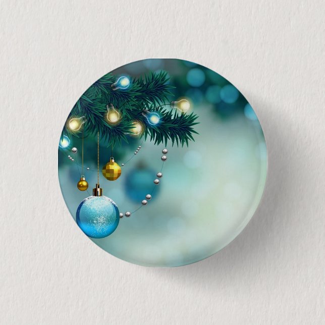 Beautiful Pine Tree With Blue Christmas Ball Button (Front)