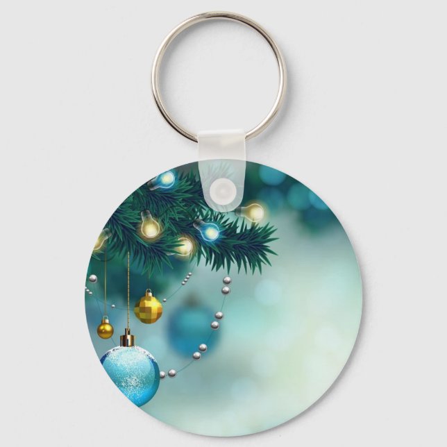 Beautiful Pine Tree With Blue Christmas Ball  Keychain (Front)