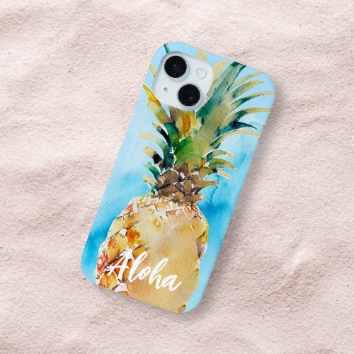 Beautiful Pineapple Tropical Blue Watercolor Aloha iPhone 15 Case